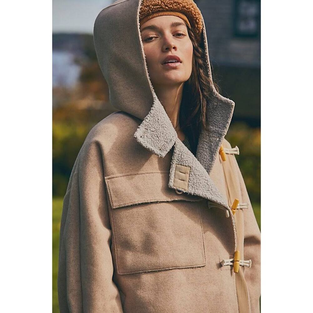 FP We The Free Womens Boho Slouchy Hooded Duffle Toggle Jacket Tan Size XS - Picture 5 of 15